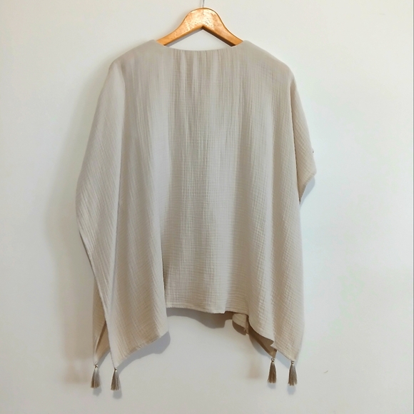 JM Collection Gauze Top Small Poncho Beaded Vacation Summer Boho Chic Tan - Picture 10 of 10